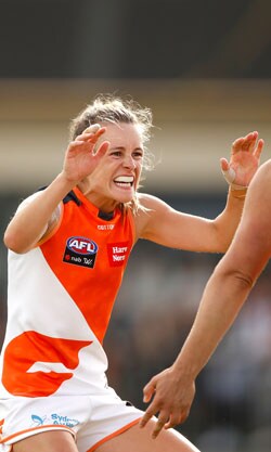 AFLWHIGHLIGHTS-Portrait.jpg Vice-captain and former Magpie Alicia Eva celebrates a win in her new colours. - GWS Giants,Collingwood,AFLW
